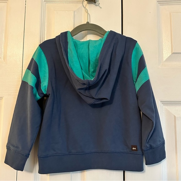 Tea Collection 2T sweatshirt with hood. Bluish-gray with teal accents. - Picture 2 of 4